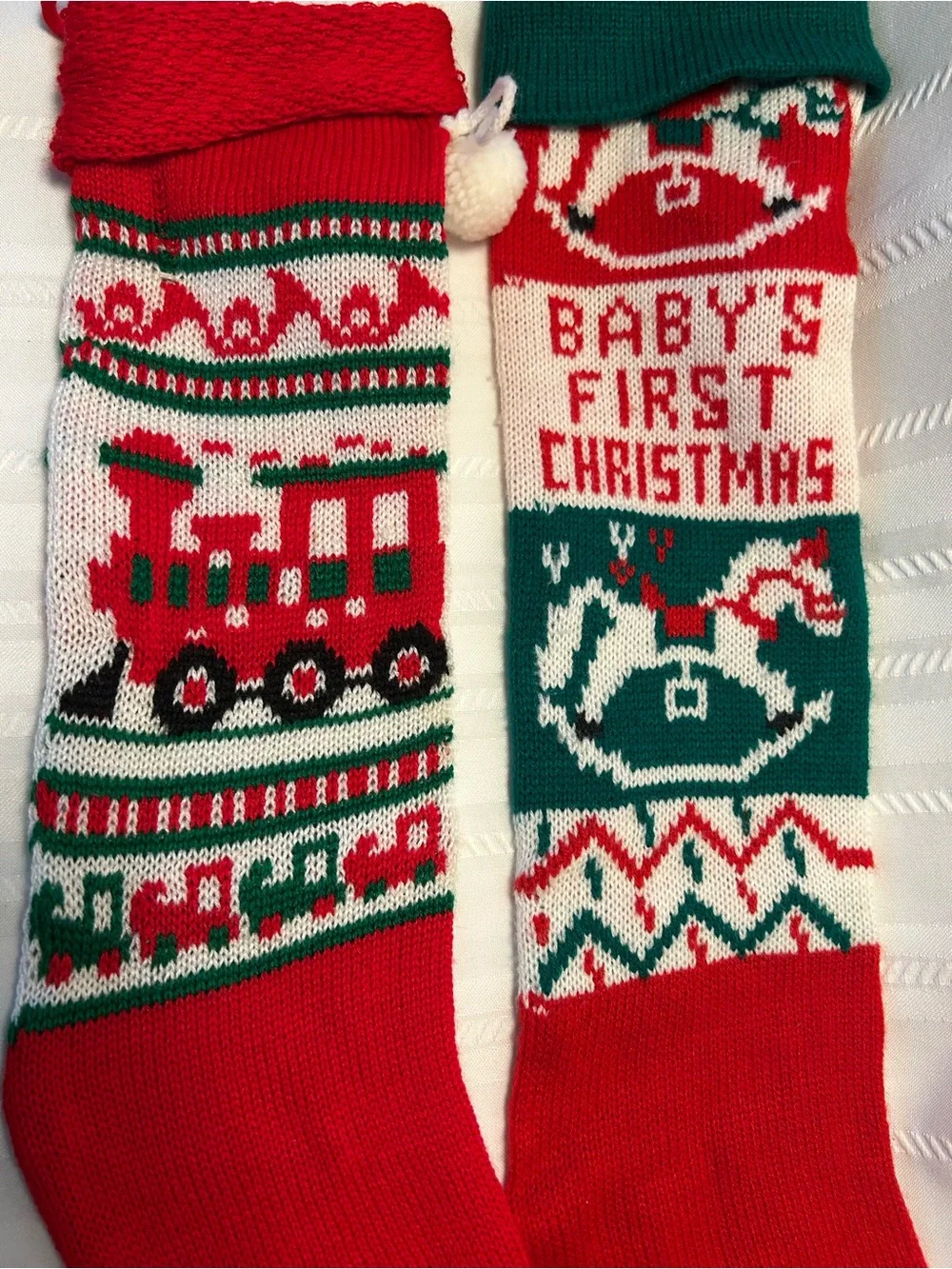 Vintage Set of 2 Christmas Stockings Baby's First Christmas Trains Red Green